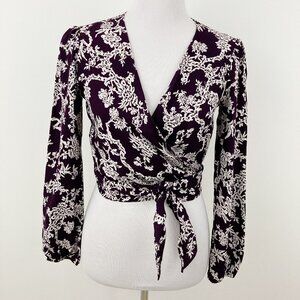 Flynn Skye That's A Wrap Crop Top Size S Purple White Floral Long Sleeve